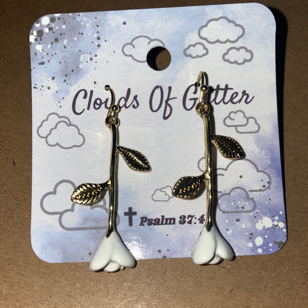 White Rose Dangle Earrings - New